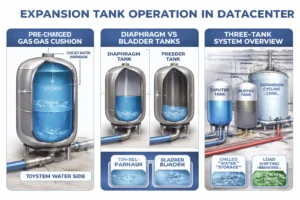 Expansion tank installed in a data center HVAC chilled water system controlling loop pressure and absorbing thermal expansion