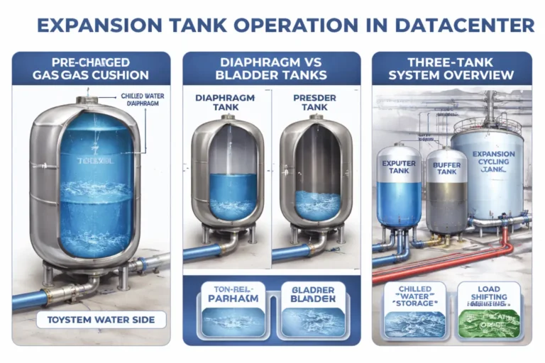 Expansion tank installed in a data center HVAC chilled water system controlling loop pressure and absorbing thermal expansion