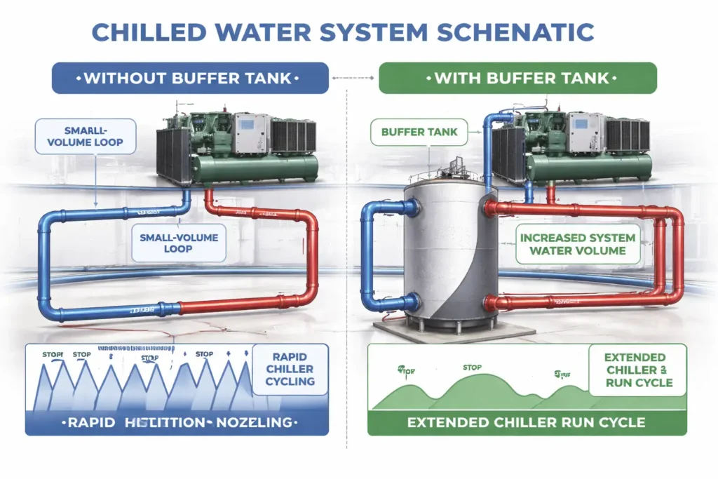 Diagram showing buffer tank installed in chilled water loop preventing chiller short cycling by increasing system water volume