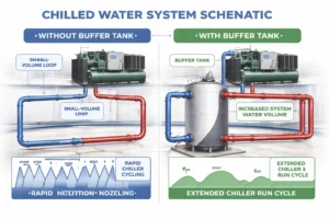 Diagram showing buffer tank installed in chilled water loop preventing chiller short cycling by increasing system water volume