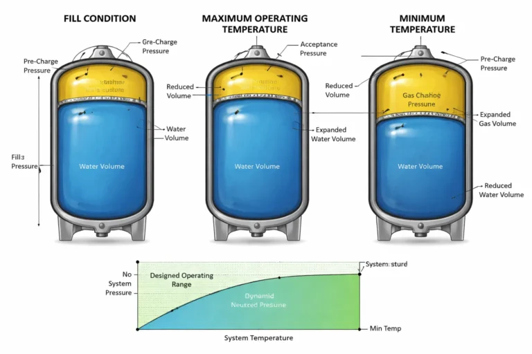 Diagram showing expansion tank gas cushion compressing and expanding to control chilled water loop pressure during temperature changes