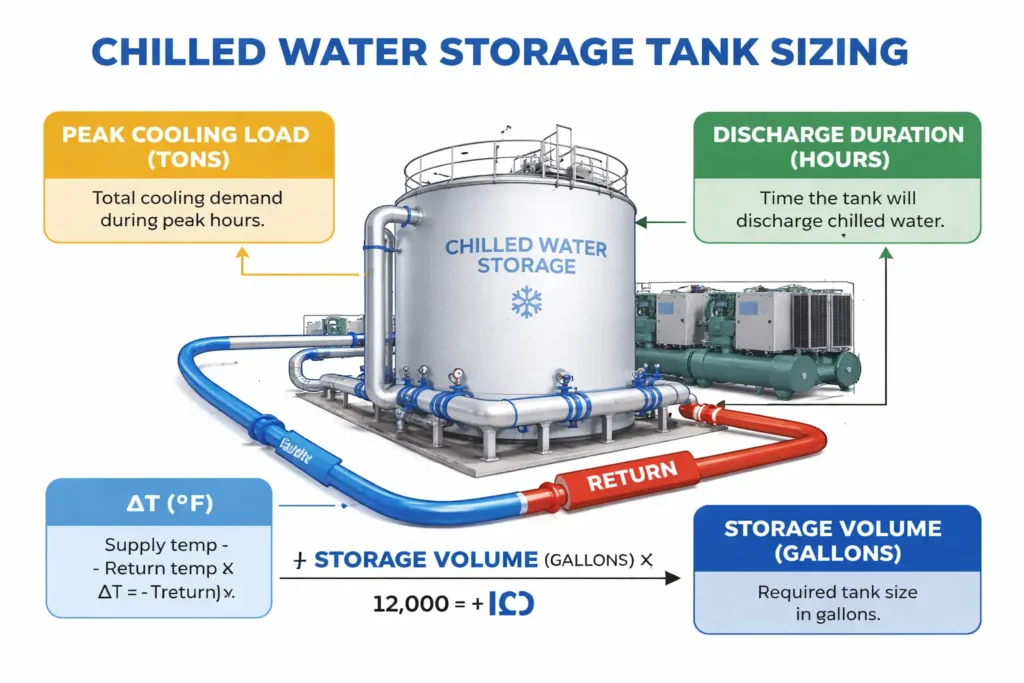 Engineer calculating chilled water storage tank volume based on cooling load and delta-T for an industrial facility