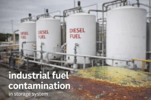Industrial fuel contamination in diesel storage tanks with visible water and debris buildup