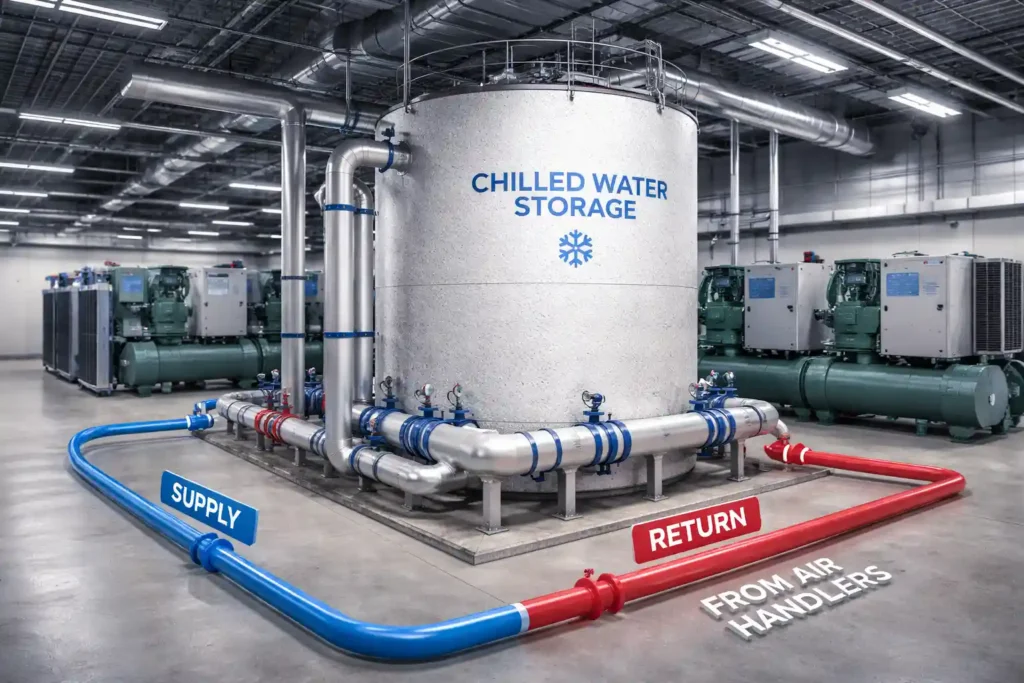 Chilled water storage tank used in industrial and data center cooling systems for thermal energy buffering and peak demand reduction