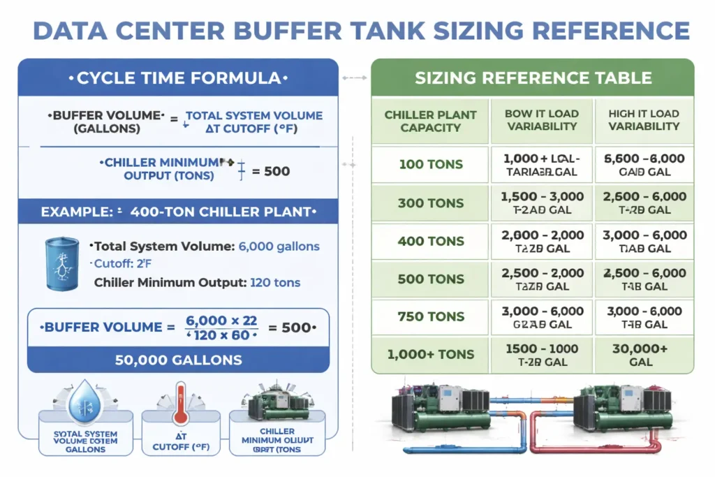Engineer sizing a buffer tank for a data center chilled water system based on IT load variability and chiller minimum output