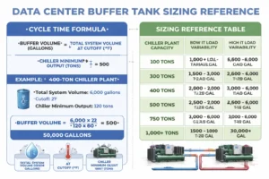 Engineer sizing a buffer tank for a data center chilled water system based on IT load variability and chiller minimum output