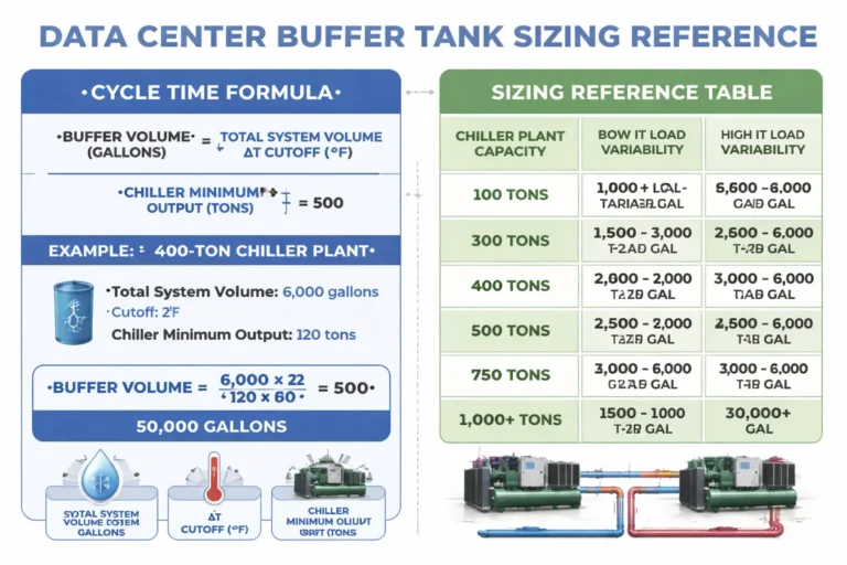 Engineer sizing a buffer tank for a data center chilled water system based on IT load variability and chiller minimum output