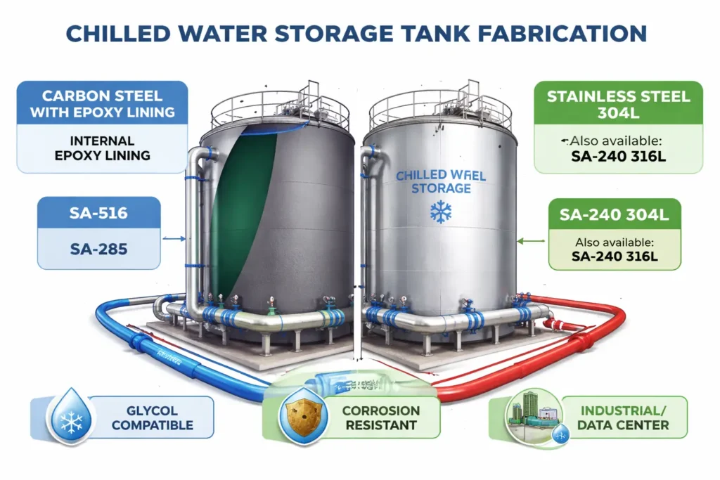 Cross-section of a chilled water storage tank showing carbon steel shell with internal lining and stainless steel fittings for corrosion resistance