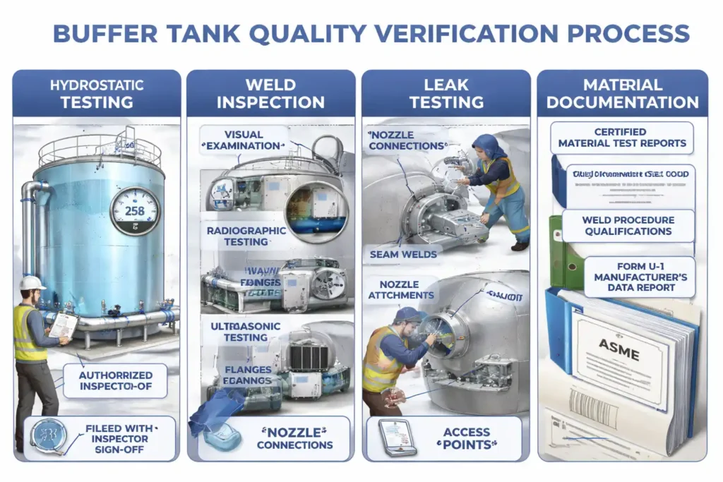 Quality inspector performing hydrostatic pressure test on an ASME certified buffer tank at a fabrication facility