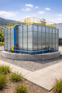 Modular tank anchored on a seismic-rated ringwall foundation