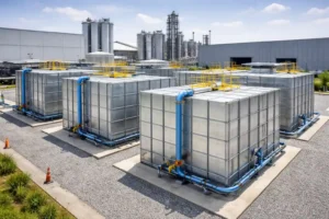 Bolted steel modular water storage tank installed at an industrial site