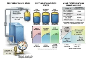 Technician verifying expansion tank precharge pressure with a gauge on a depressurized chilled water system during commissioning