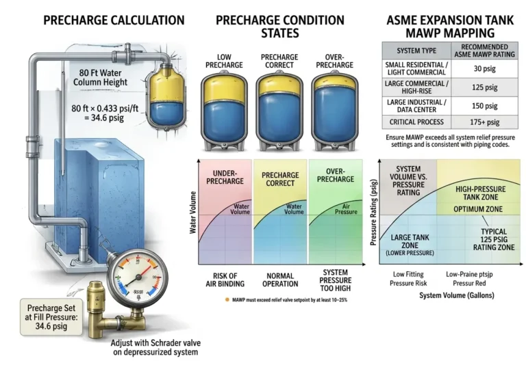 Technician verifying expansion tank precharge pressure with a gauge on a depressurized chilled water system during commissioning