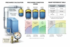 Technician verifying expansion tank precharge pressure with a gauge on a depressurized chilled water system during commissioning