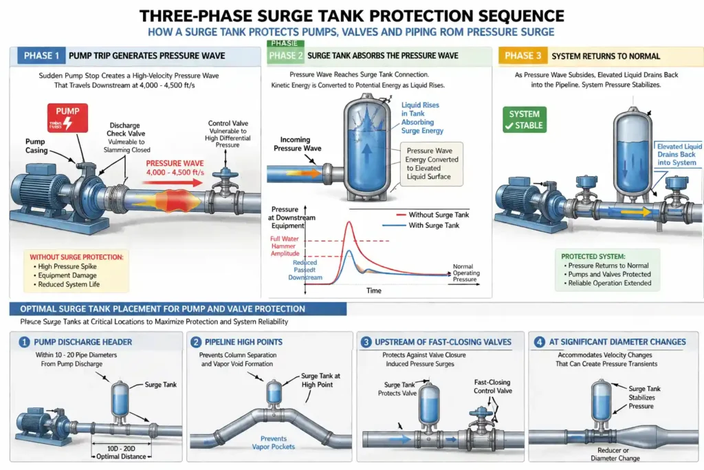 Surge tank installed at pump discharge header absorbing pressure wave and protecting pumps and valves from water hammer damage