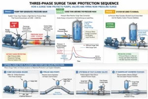 Surge tank installed at pump discharge header absorbing pressure wave and protecting pumps and valves from water hammer damage