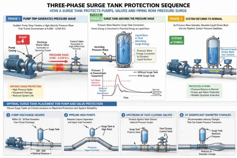 Surge tank installed at pump discharge header absorbing pressure wave and protecting pumps and valves from water hammer damage