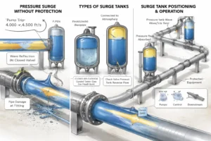 Industrial surge tank installed on a process pipeline absorbing pressure transients and protecting pumps from water hammer