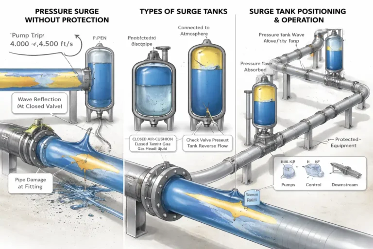 Industrial surge tank installed on a process pipeline absorbing pressure transients and protecting pumps from water hammer
