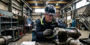 Engineer analyzing tensile failure in industrial equipment
