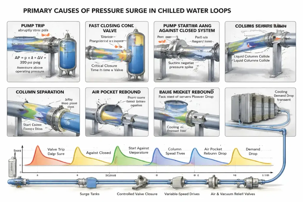 Pressure surge wave traveling through a chilled water cooling loop after a pump trip event causing water hammer at a closed valve