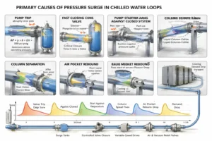 Pressure surge wave traveling through a chilled water cooling loop after a pump trip event causing water hammer at a closed valve