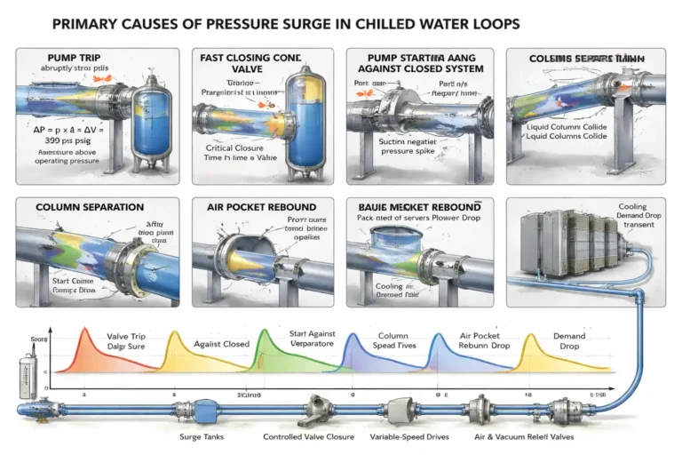 Pressure surge wave traveling through a chilled water cooling loop after a pump trip event causing water hammer at a closed valve