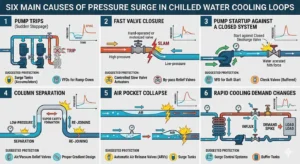 Pressure surge wave traveling through a chilled water cooling loop after a pump trip event causing water hammer at a closed valve