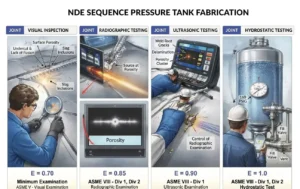Quality inspector performing radiographic weld testing on an ASME certified surge tank at a pressure vessel fabrication facility