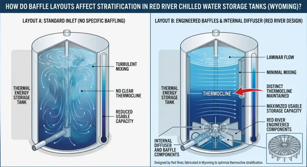 How do baffle layouts affect stratification thermal storage tank Red River Wyoming