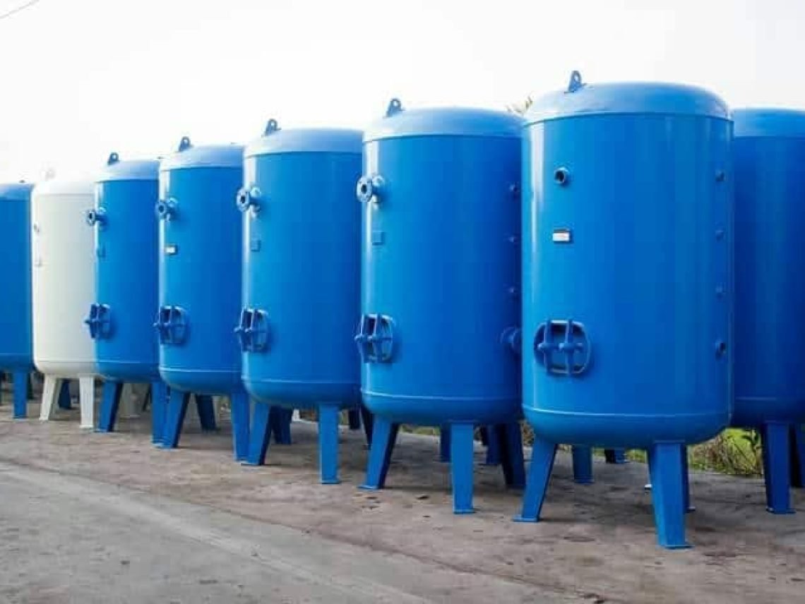 a row of blue and white tank