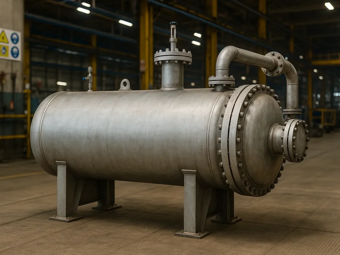 Horizontal industrial pressure vessel in a factory, illustrating ASME Section VIII Pressure Vessel Standards for Divisions 1, 2, and 3.