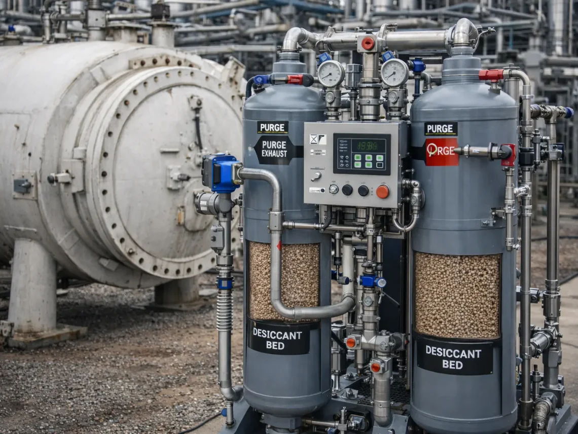 Industrial desiccant dryer with connected pressure vessel showing purge valves and desiccant bed for moisture removal.