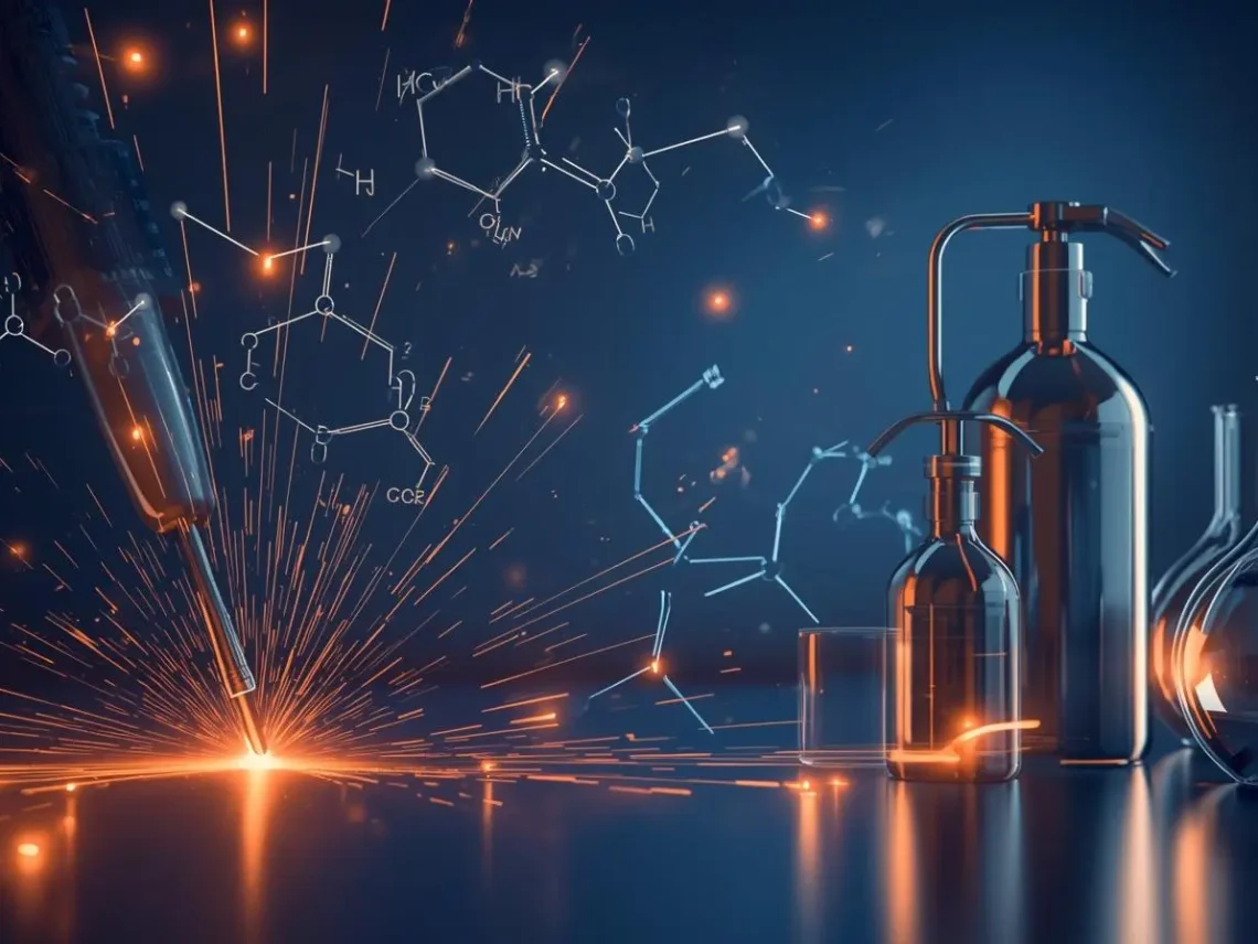 Industrial-themed illustration showing acetylene applications including welding flames, gas cylinders, and scientific elements.