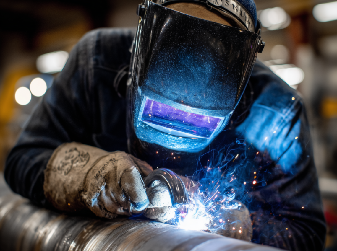 Welder demonstrating how to pass 5g welding position test on fixed horizontal pipe