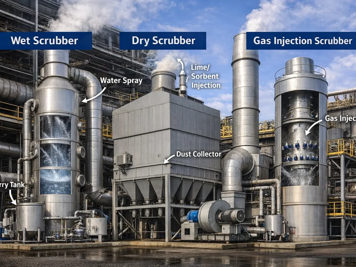 Industrial fuel gas scrubber system reducing emissions of PM, SO2, NOx, and VOCs for cleaner air and regulatory compliance.