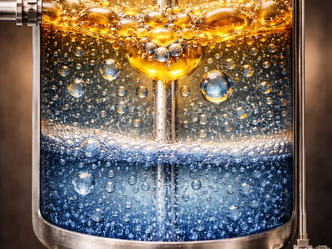 Close-up of an industrial pressure separator showing oil and water separation with golden oil floating above a perforated plate and blue water below, with labeled pipes directing the output.