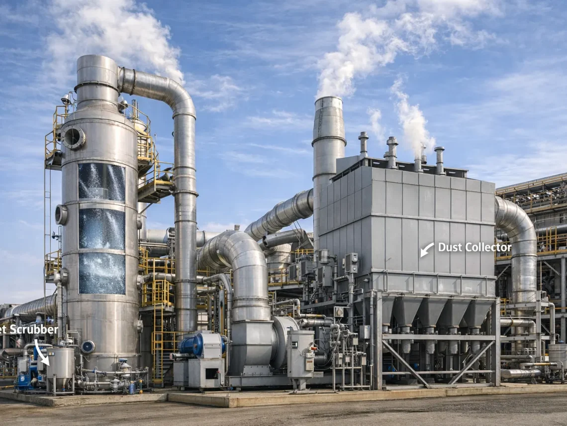 Industrial wet and dry scrubber systems integrated with pressure vessels at a power plant to reduce air pollution and remove harmful emissions.