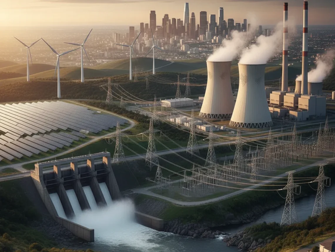 Diagram of electricity generation methods including solar, wind, hydropower, nuclear, and fossil fuel power plants.