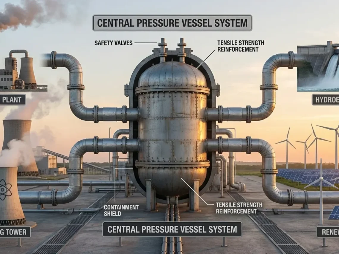 Diagram of thermal, hydroelectric, nuclear, and renewable power plants connected to a central pressure vessel system, highlighting safety and tensile strength requirements.