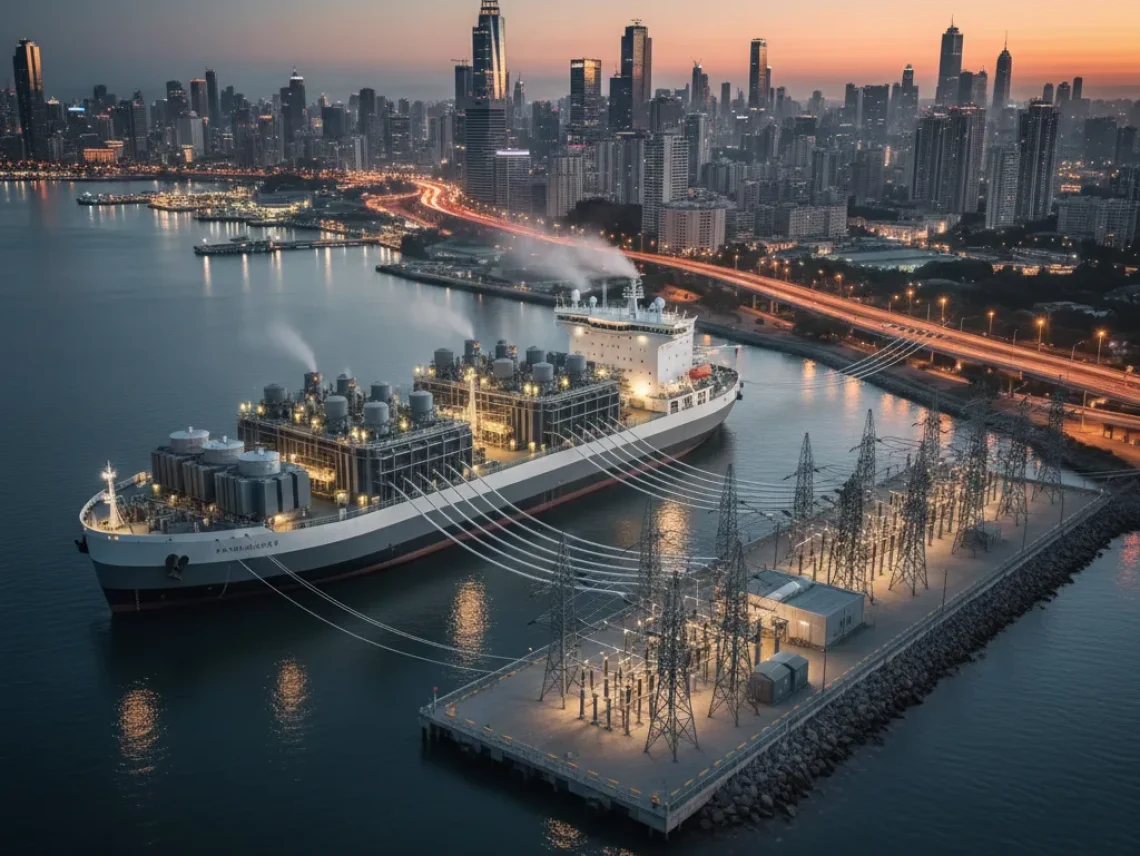 A floating power ship docked near shore supplying electricity to a coastal region.