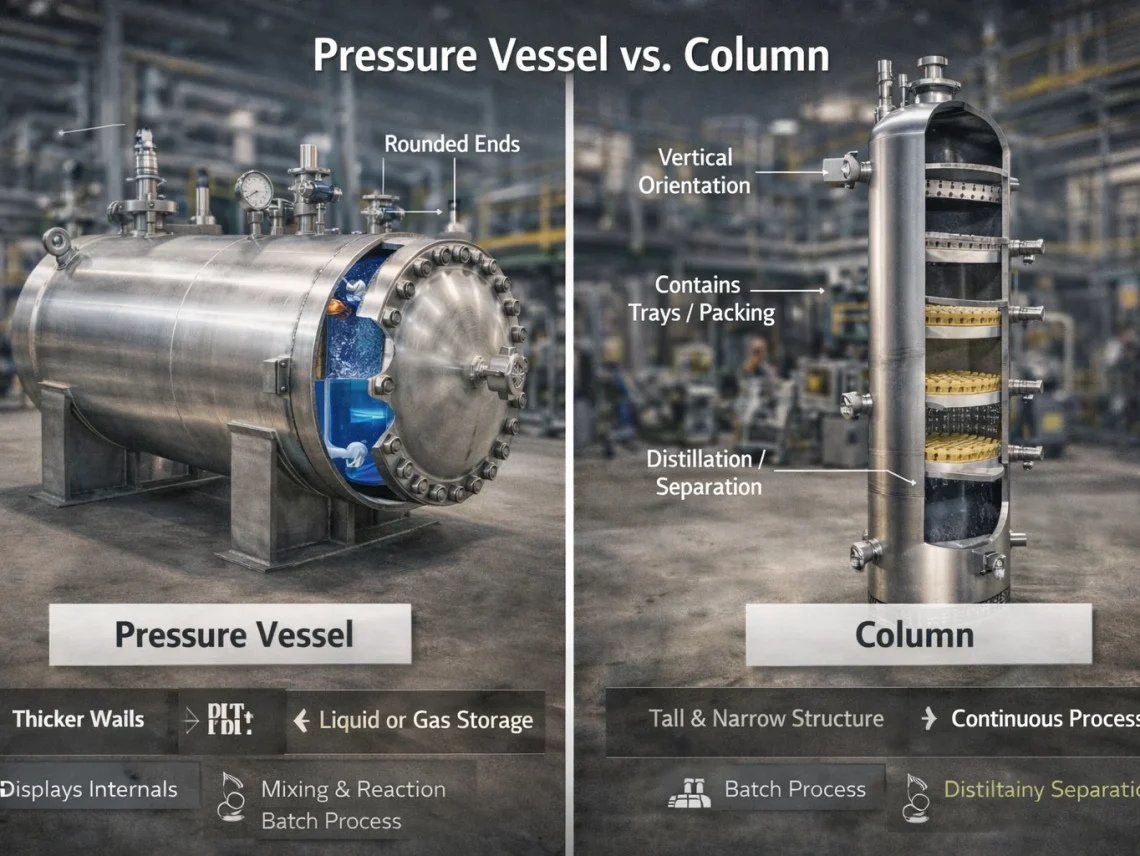 Diagram comparing a pressure vessel and a distillation column