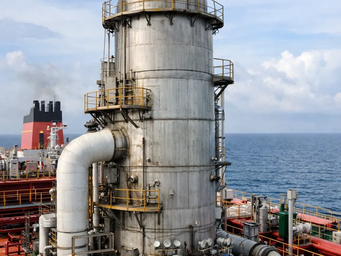 Marine scrubber system mounted on a tanker ship for SOx emissions control