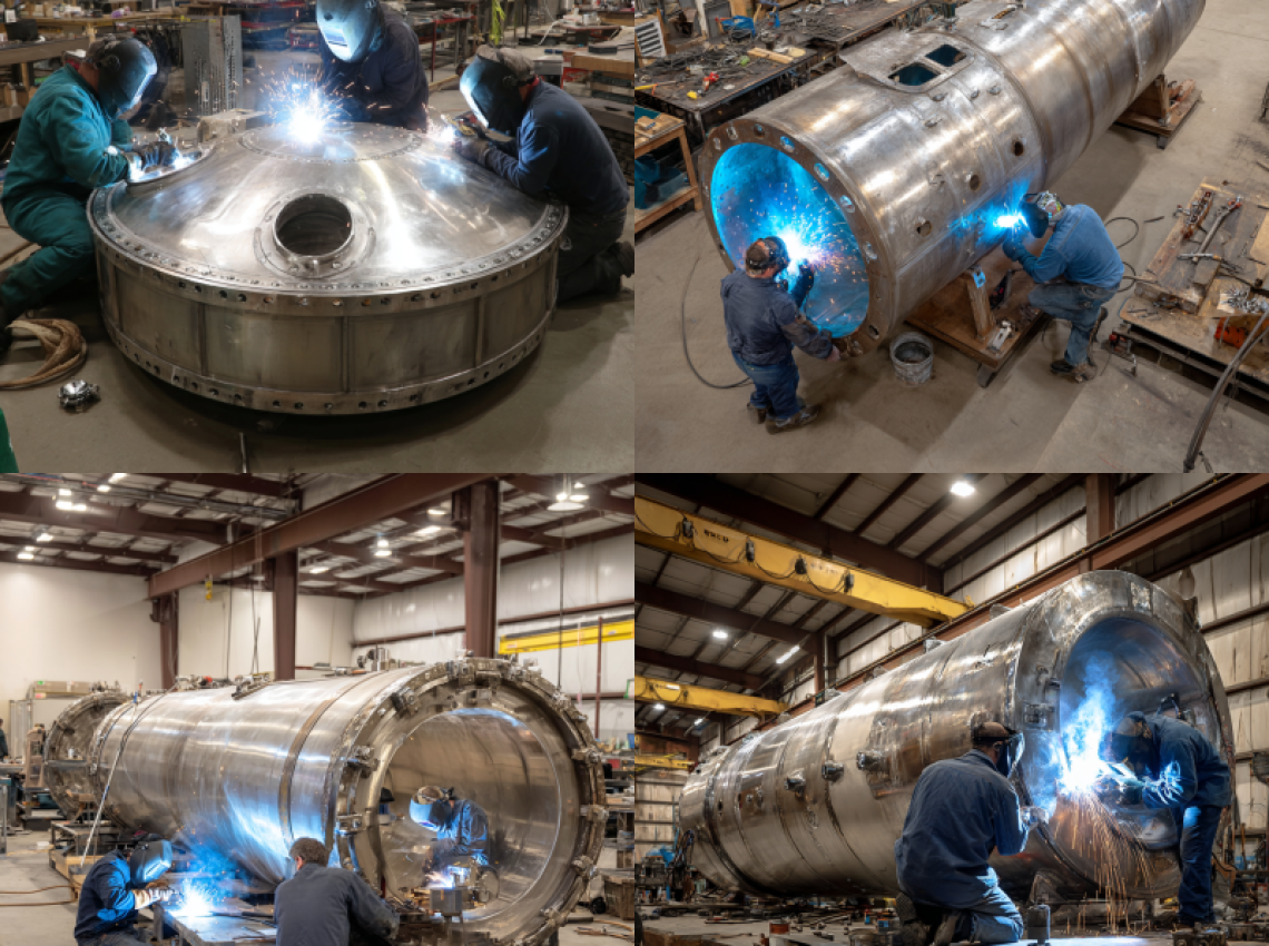 Technicians demonstrating how pressure vessels are fabricated inside a certified facility