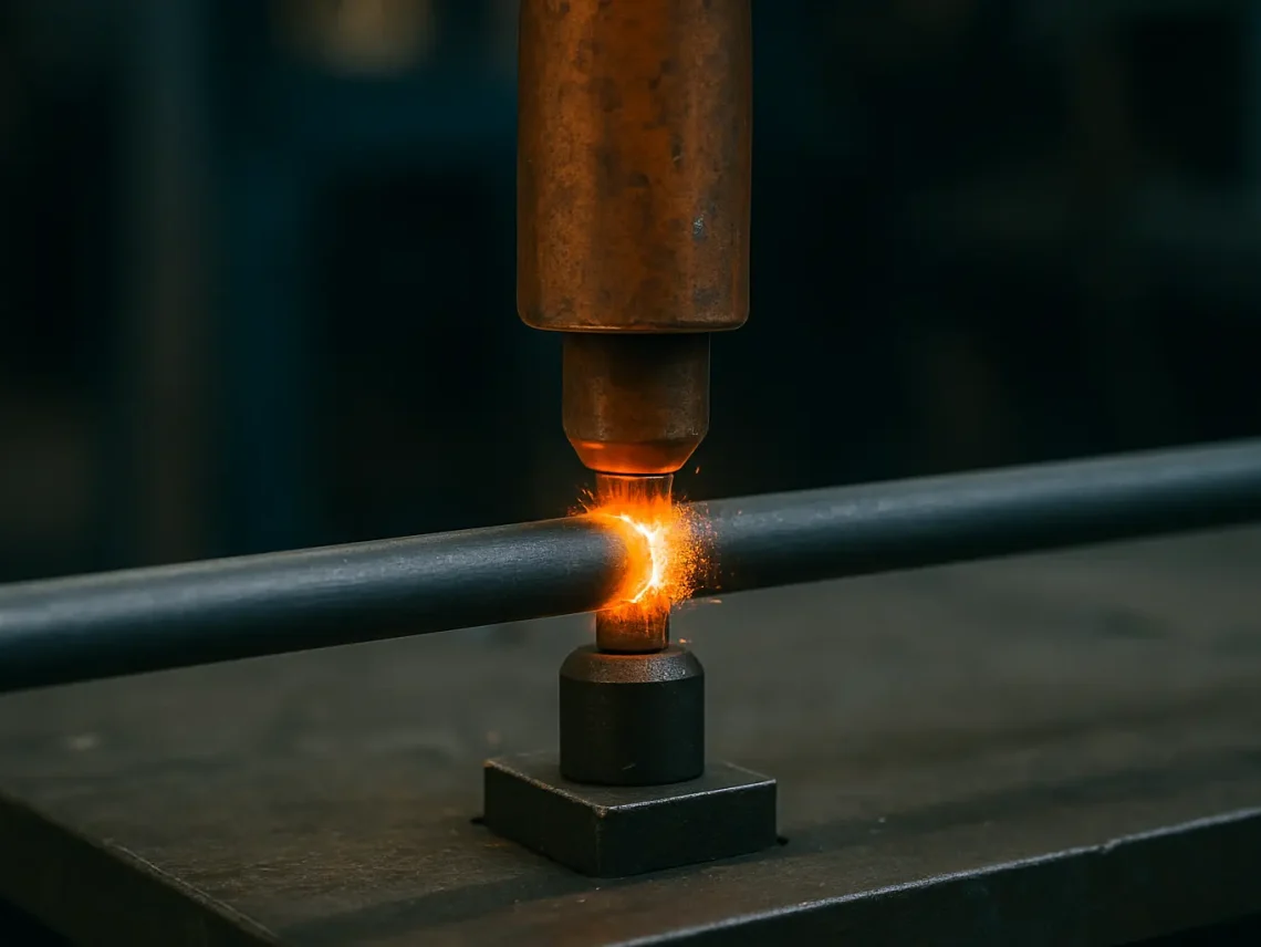 Close-up of an industrial pressure welding process joining two metal rods with glowing weld seam