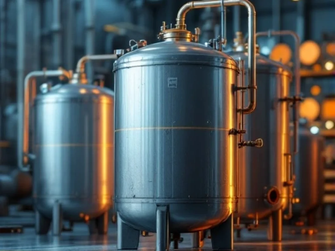 Large metal industrial pressure vessels with pipes and valves inside a manufacturing plant.