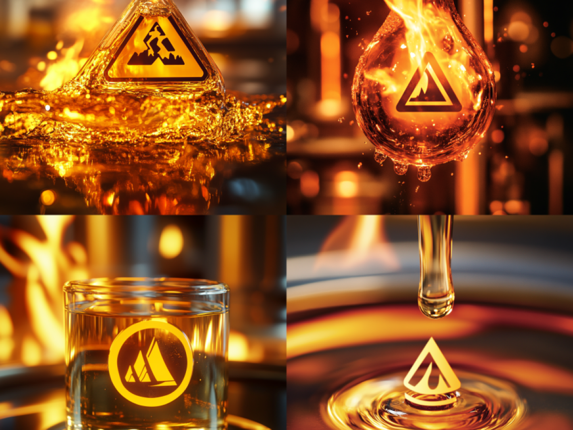 Close-up of glycol liquid with fire safety symbol indicating flammability risk