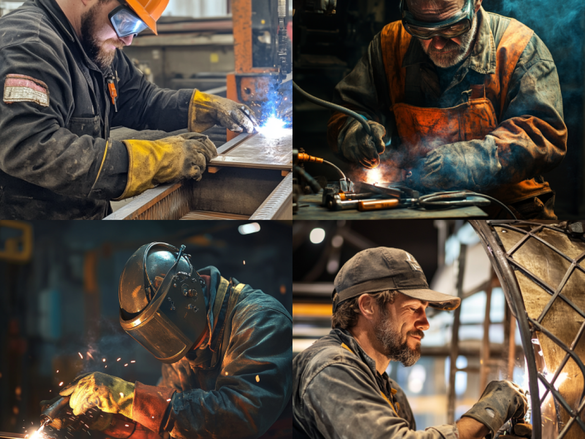 Worker fabricating steel components in an industrial facility