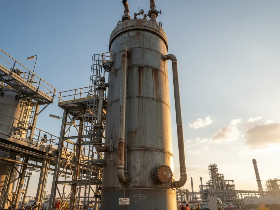 Vertical column pressure vessel designed for high-pressure gas and liquid storage, featuring a tall cylindrical steel structure with safety valves used in industrial processing plants.