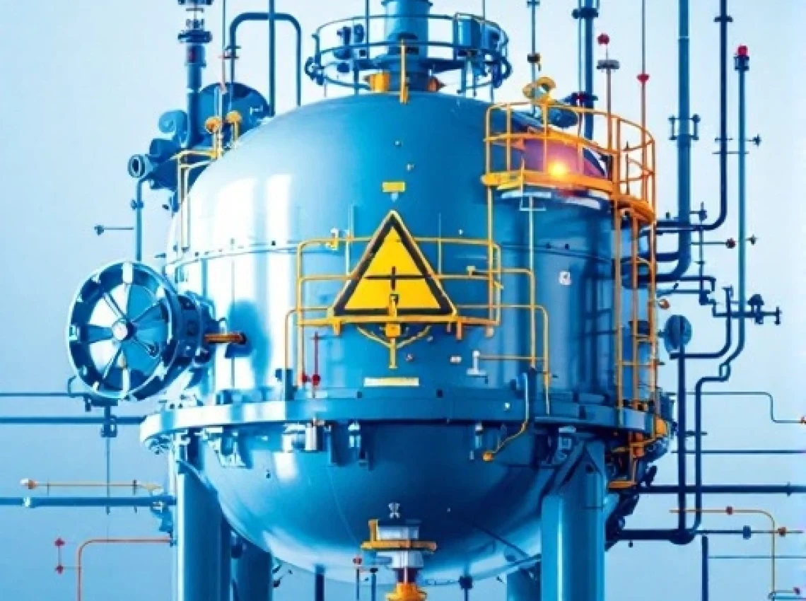 High-pressure spherical reactor vessel with hazard warning sign and surrounding piping system